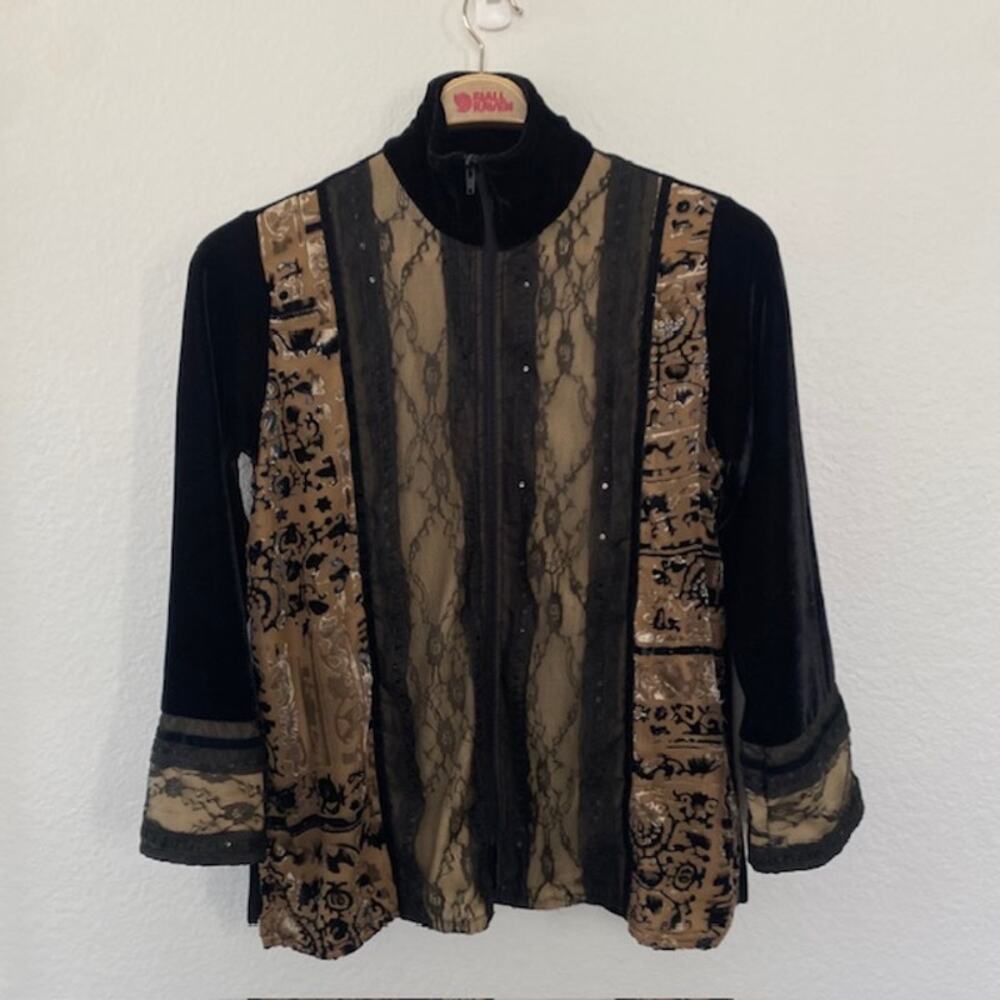 Coldwater Creek Jacket Burnout Velvet Lace Dark Romance Black & Gold Women's PM